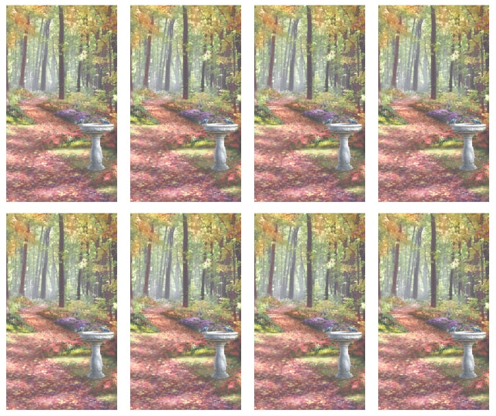 8x Path in the Forest with bird bath Prayer Cards