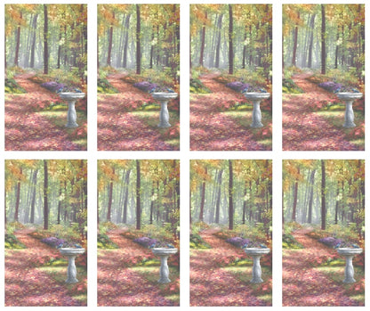 8x Path in the Forest with bird bath Prayer Cards