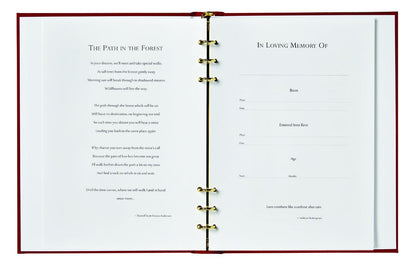 Open Majestic book showing Path in the Forest and In Loving Memory pages