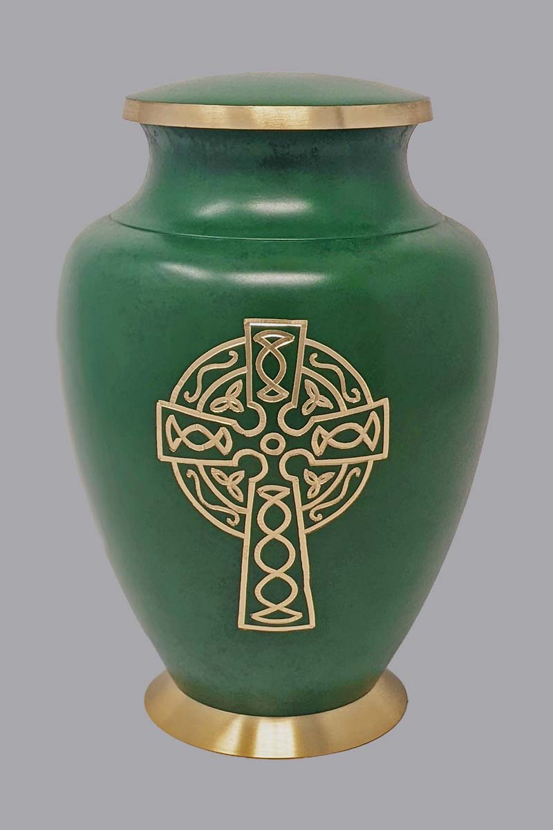 Hand-etched brass on green Celtic Cross Urn