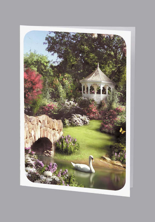 Spring Gazebo scene with swan Thank You Card