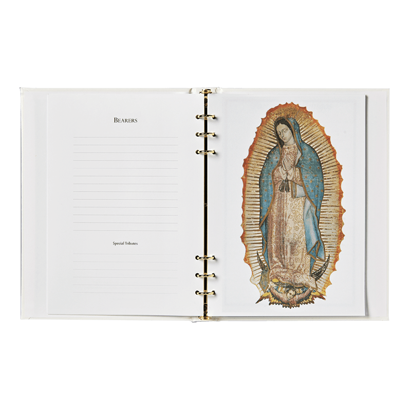 Our Lady of Guadalupe funeral guest book open pages english 857ENG