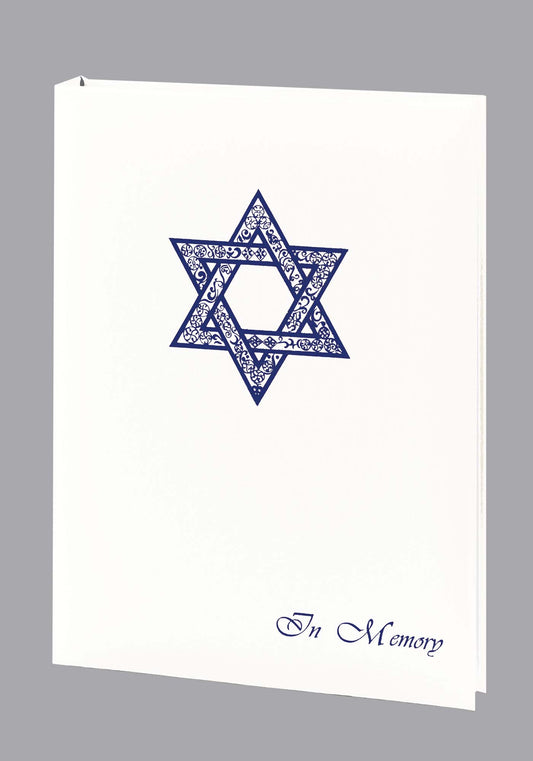 blue foil star of david on white funeral register book