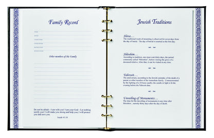 Opened book showing Family Record and Jewish Traditions pages