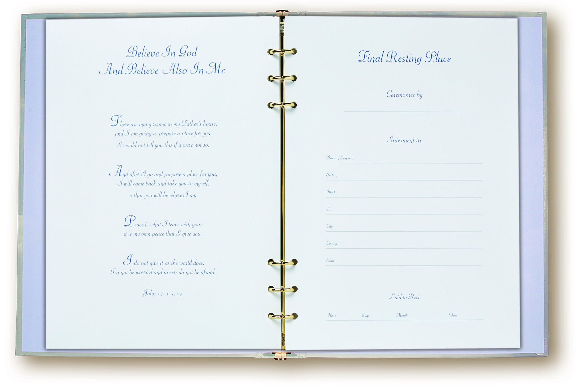 open pages of Footprints funeral guest book