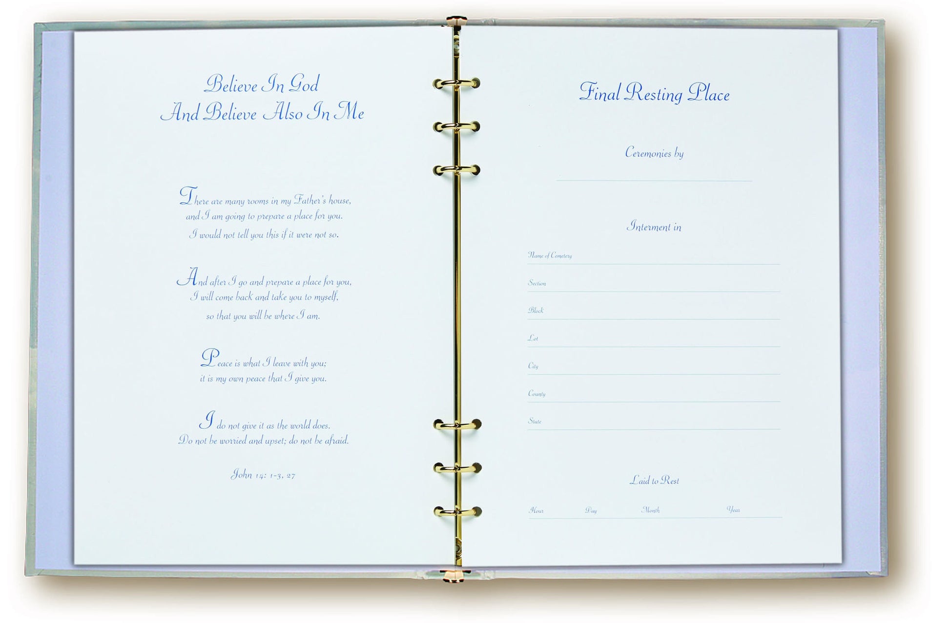 open pages of Footprints funeral guest book