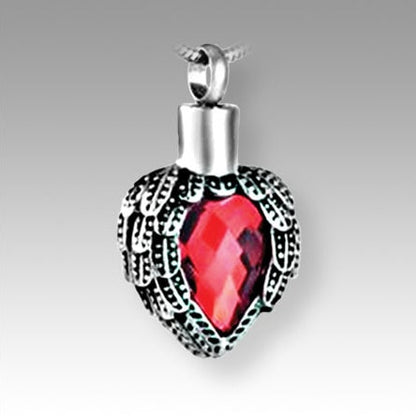 Silver winged heart around red gem pendant