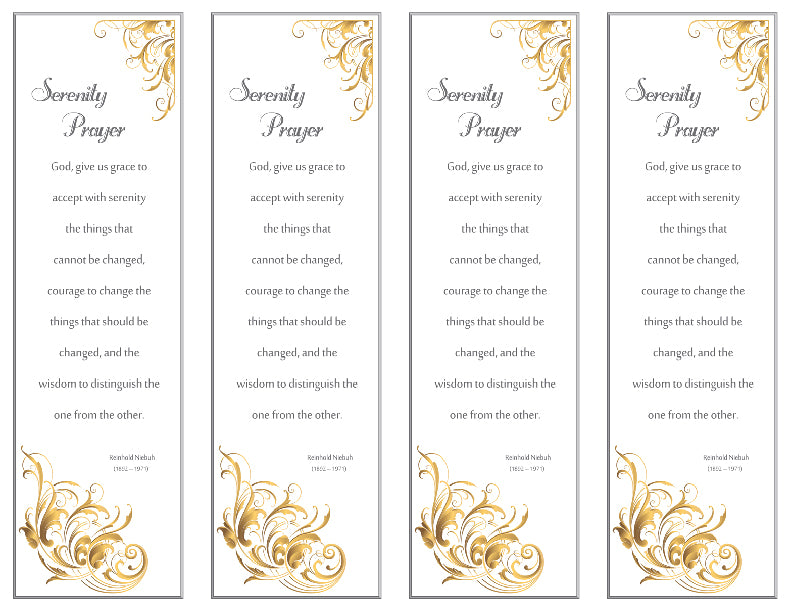 4 up Bookmarks with gold design and Serenity prayer