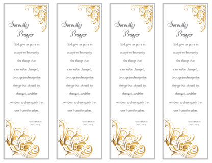 4 up Bookmarks with gold design and Serenity prayer