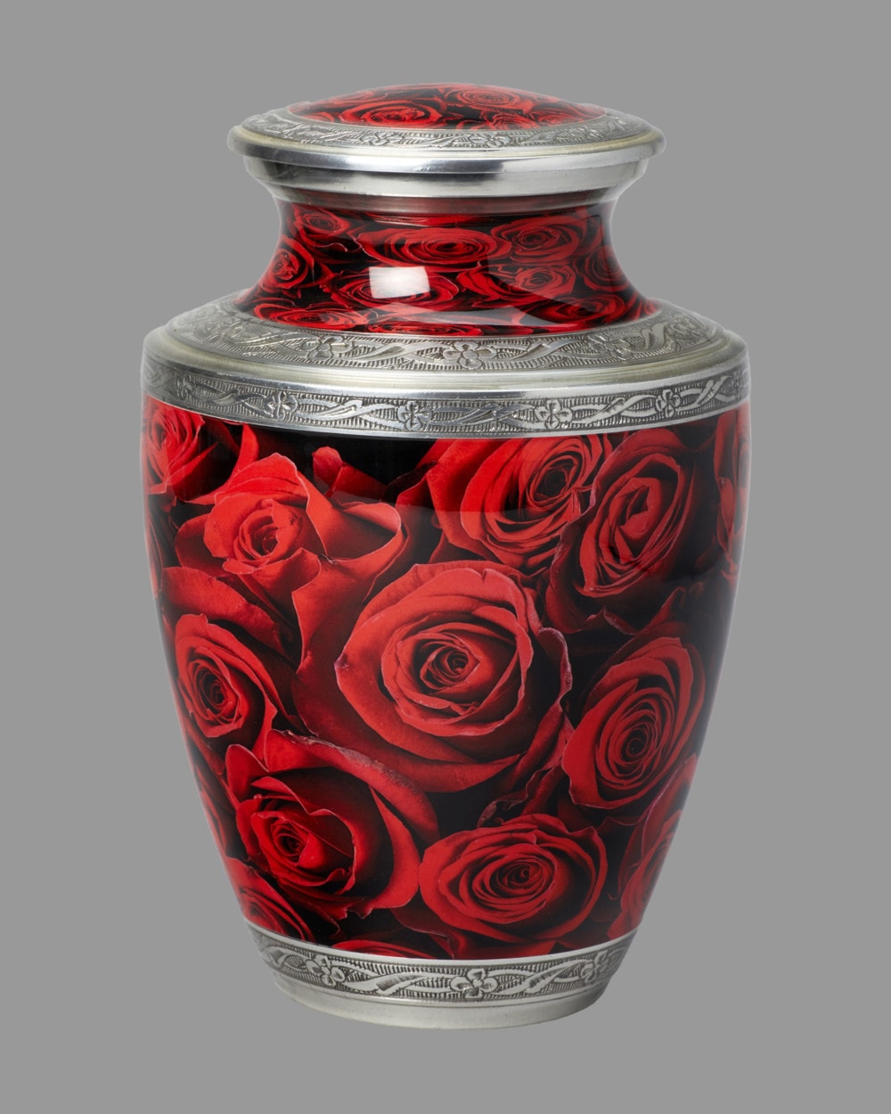 Red Roses with silver band urn