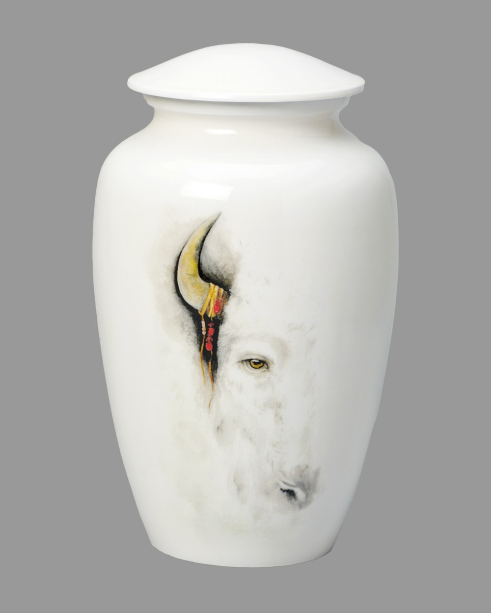 White buffalo with single horn on white urn