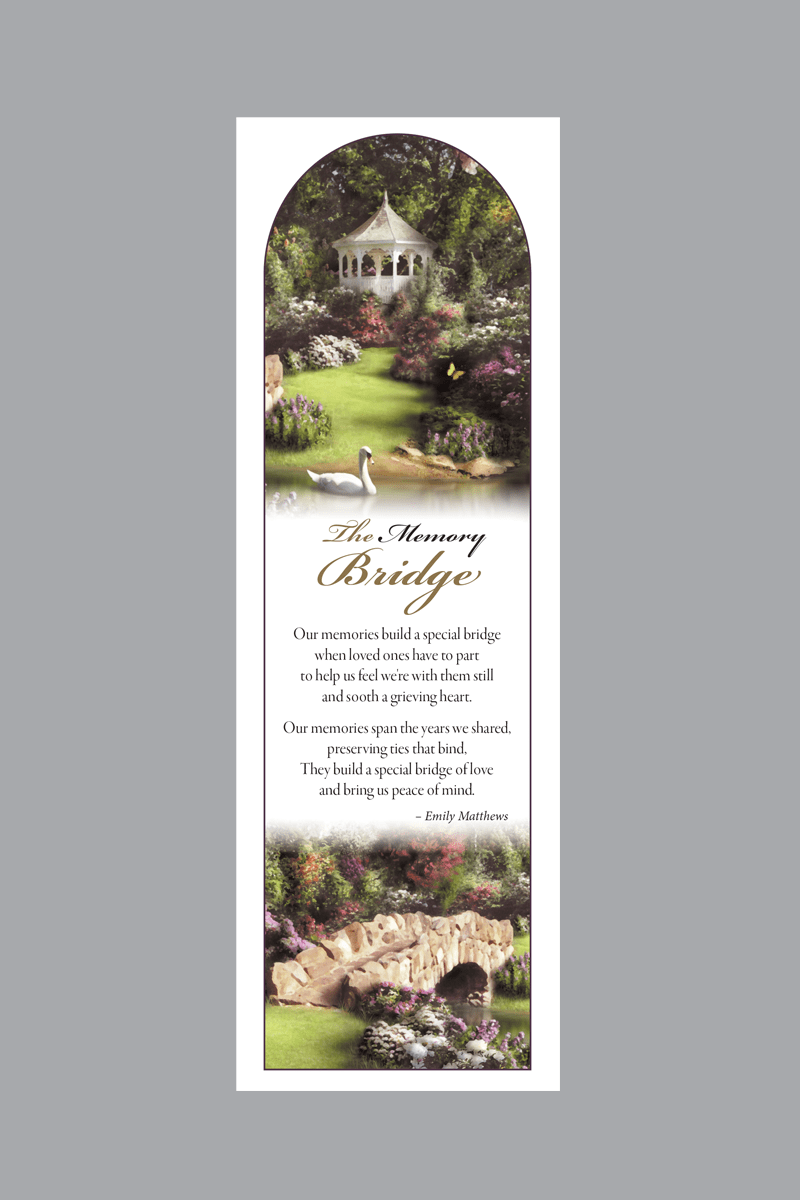 Springtime Gazebo scene with The Memory Bridge poem by Emily Matthews bookmark