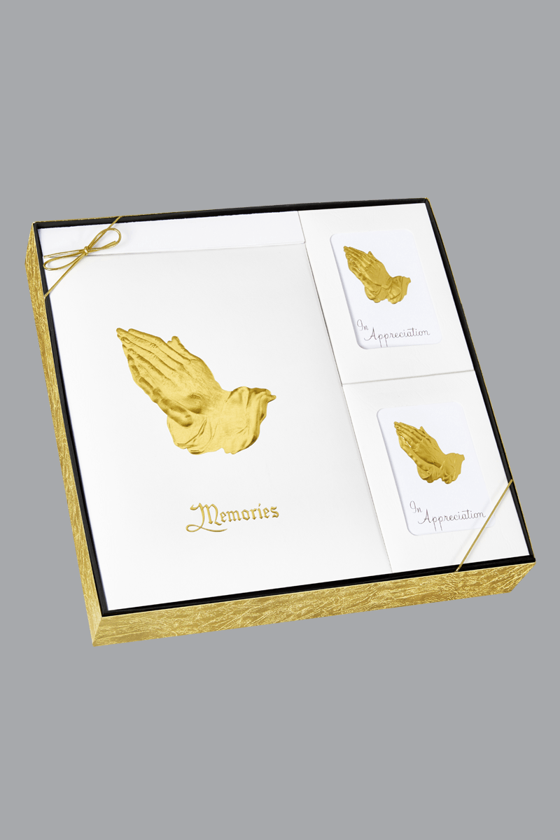 white book gold foil praying hands box set