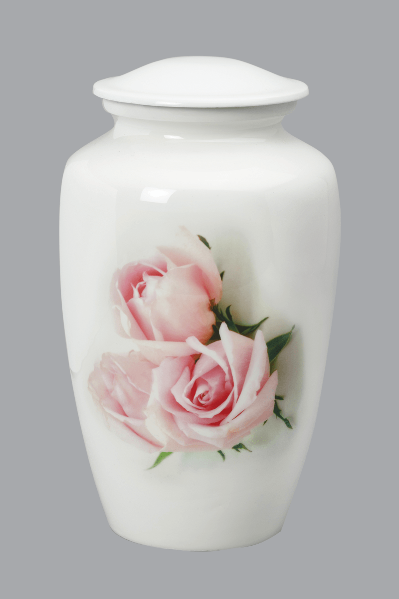 Gentle Pink Roses on White Urn