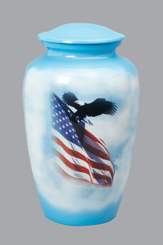 American Flag and Bald Eagle on Blue Sky background Urn