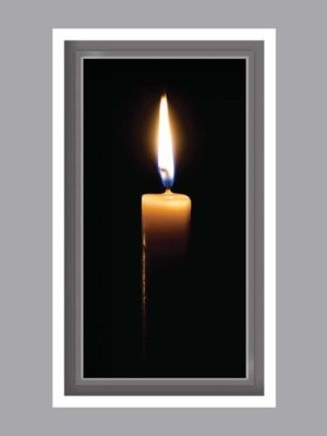 gently burning candle with dark background prayer card