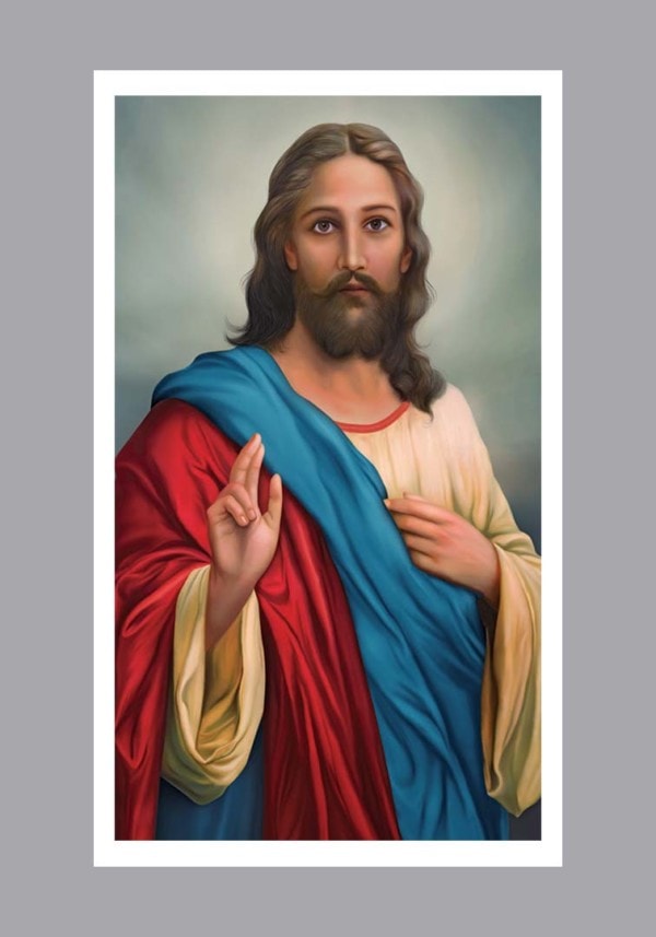 Jesus with blue prayer card