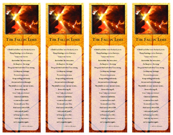 4 up The Fallen Limb poem with copper leaves bookmarks