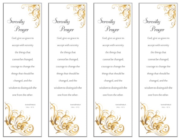 4 up Bookmarks with gold design and Serenity prayer