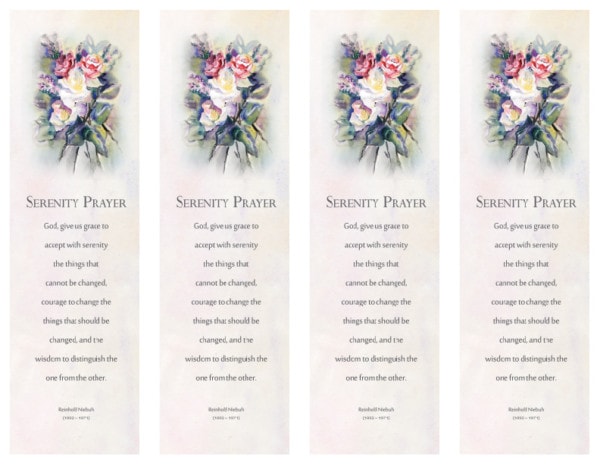 4 up Bookmark with flower bouquet and serenity prayer