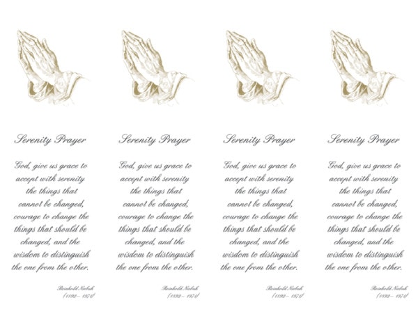 4 up bookmarks Praying Hands with Serenity Prayer