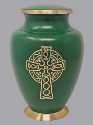 Hand-etched brass on green Celtic Cross Urn