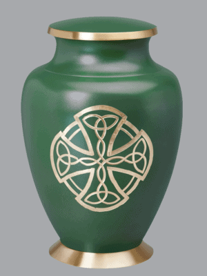 Hand-etched brass on green Celtic Design Urn