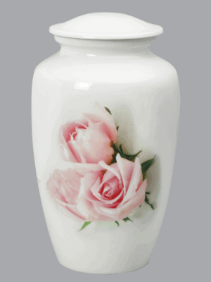 Gentle Pink Roses on White Urn