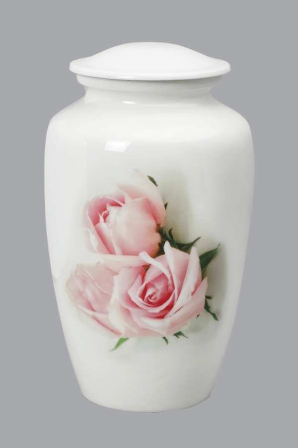 Gentle Pink Roses on White Urn