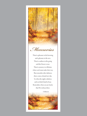 Golden light in forest scene with Memories poem bookmark