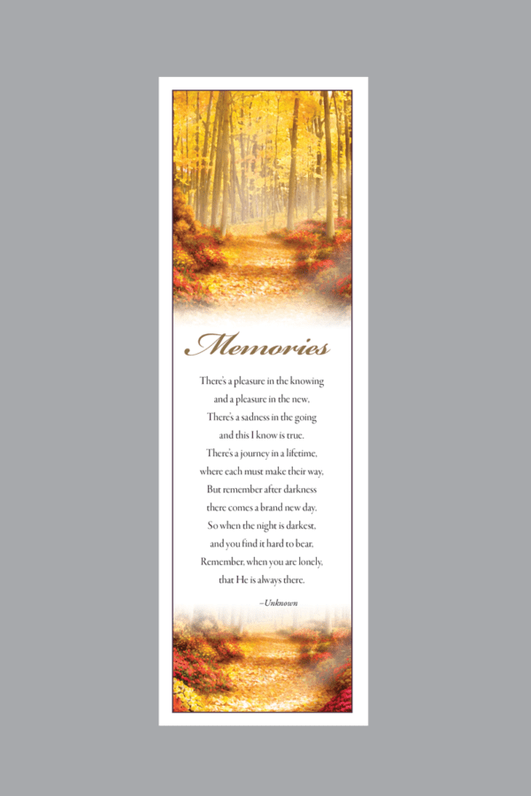Golden light in forest scene with Memories poem bookmark