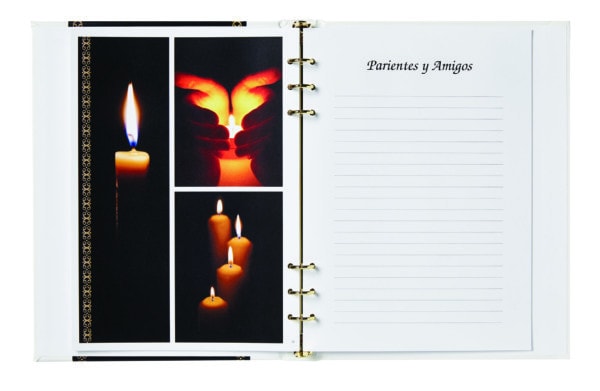 opened Eternal Light funeral guest book with Spanish pages