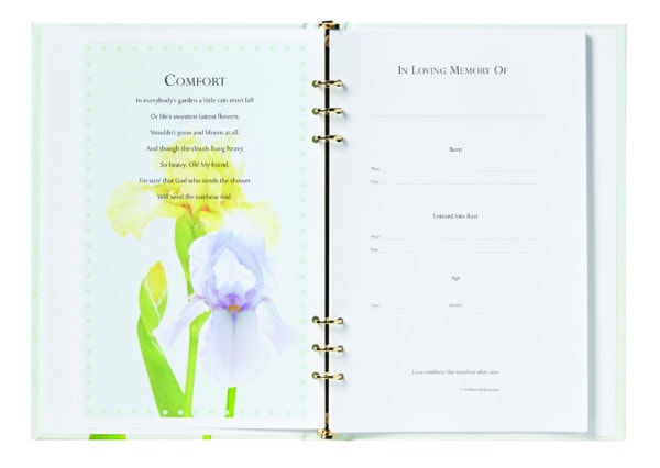 Opened Garden Nectar book showing Comfort poem and In Loving Memory pages