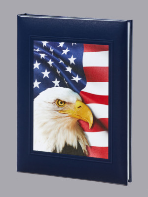 bald eagle in front of American flag funeral guest book