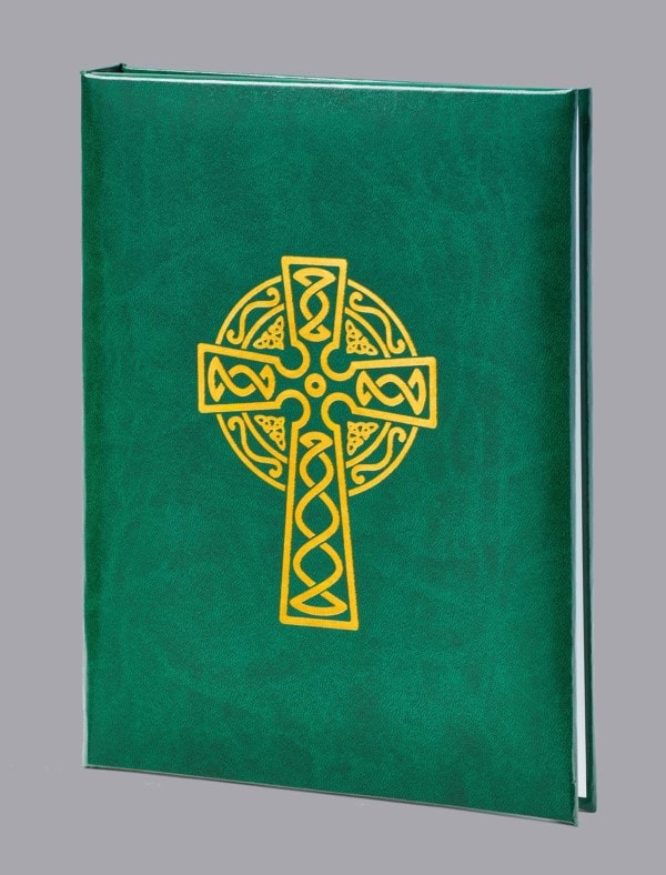 Gold Celtic Cross Green Funeral Guest Book