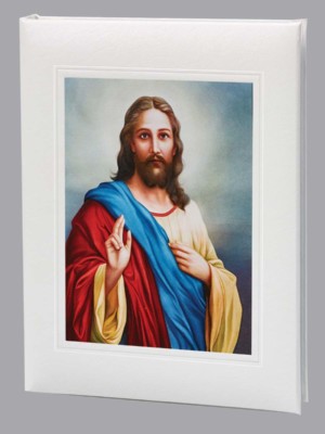 Jesus with blessing on white funeral guest book