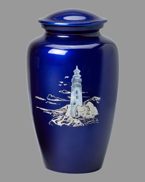 Deep blue urn with lighthouse