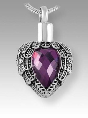 silver heart wings with purple stone pendant