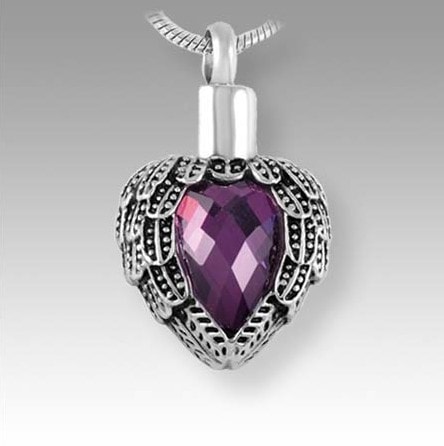 silver heart wings with purple stone pendant