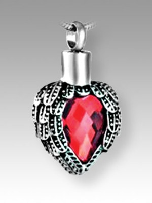 Silver winged heart around red gem pendant