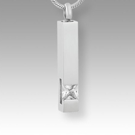 silver rectangle with clear stone pendant