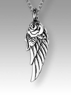 Silver rose and wing pendant