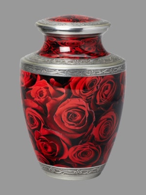 Red Roses with silver band urn