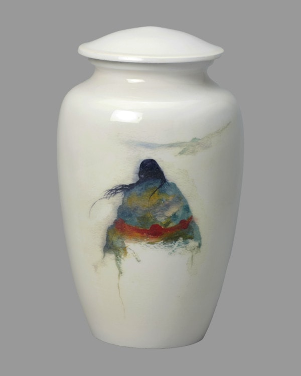 native american silhouette with eagle white urn