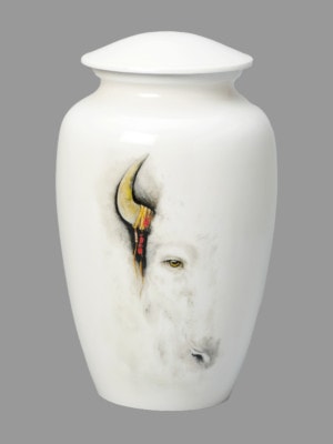 White buffalo with single horn on white urn
