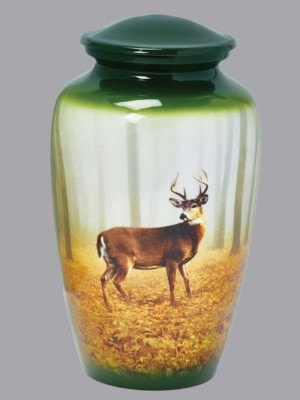 Single Deer stands in the forest on rich green urn