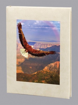 Bald eagle flying over canyon with rainbow funeral guest book