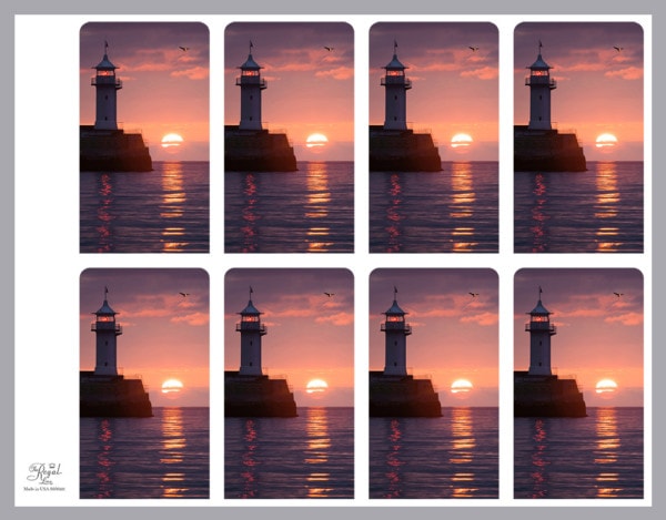 8 up prayer cards with lighthouse and sunset