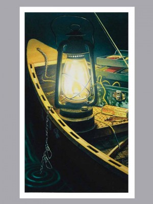 Night Fishing Scene with lantern on white Prayer Card