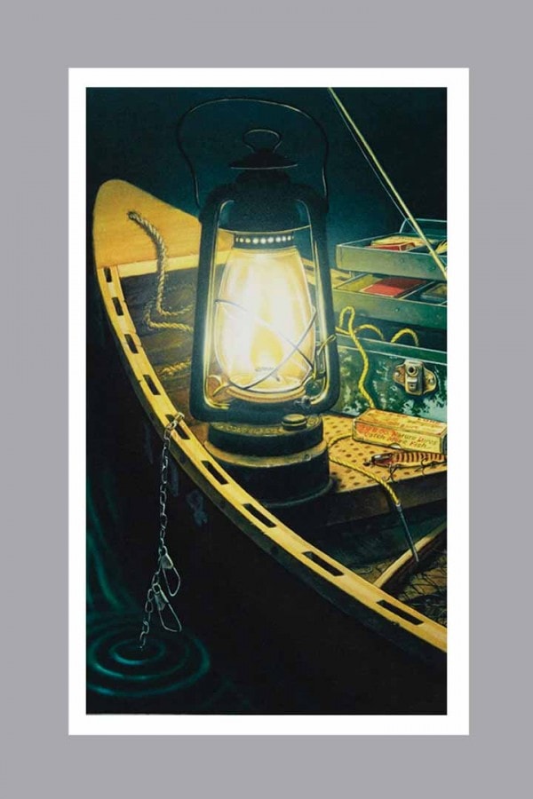 Night Fishing Scene with lantern on white Prayer Card